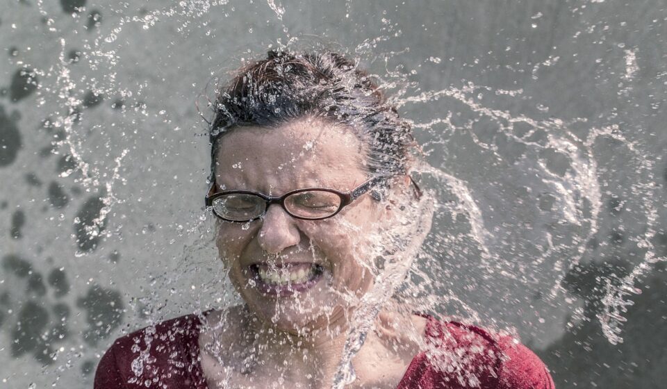 woman, splash, water, face, glasses, girl, female, refreshment, ice bucket challenge, nature, expression, grimace, shock, fun, cold, wet