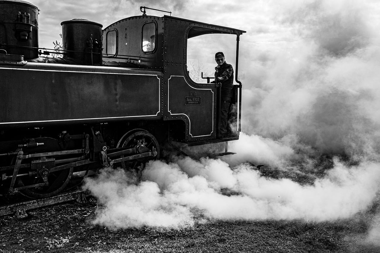 locomotive, train, transport, rail, machine, smoke, steam, railway worker, man, industry