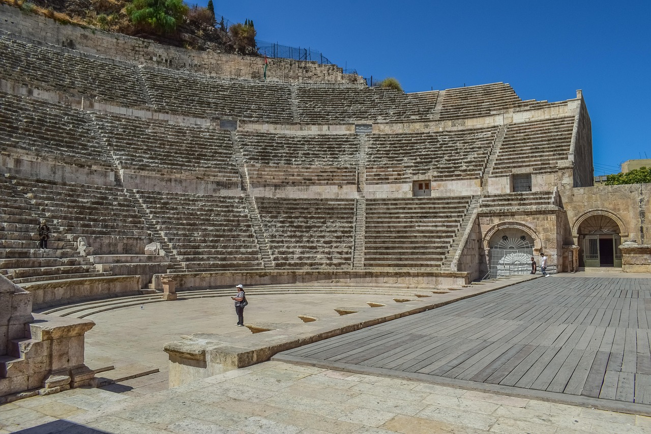 roman theatre, 2nd century, landmark, architecture, travel, city, historic, tourism, famous, monument, amman, jordan, brown theater