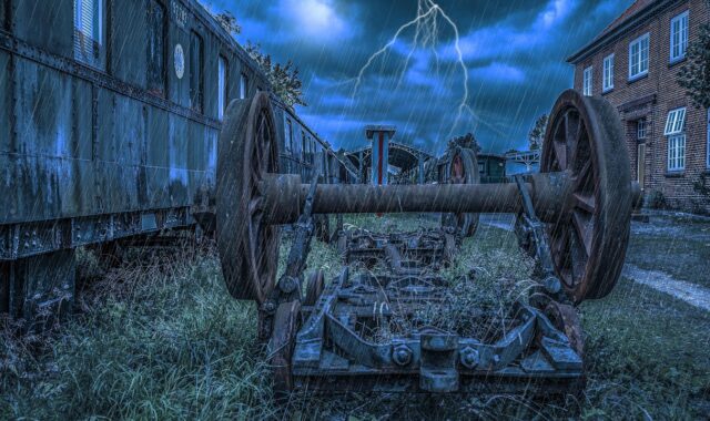 railway axis, wheel, iron, storm, rain, station, lightning, old, stole, wagon axle, rust, nature, dark, metal