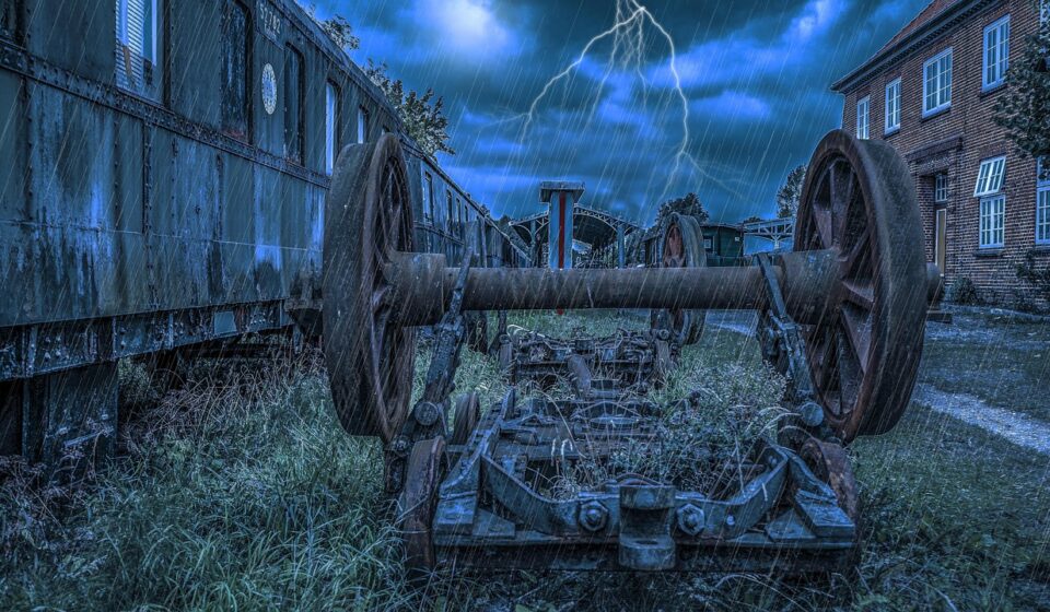 railway axis, wheel, iron, storm, rain, station, lightning, old, stole, wagon axle, rust, nature, dark, metal