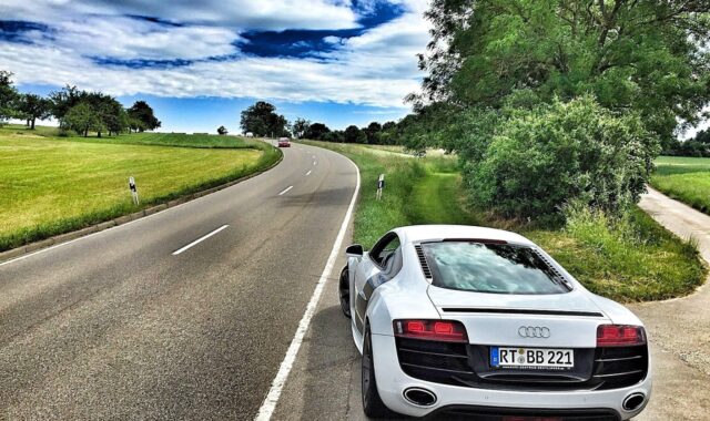 audi, car, road, street, curved road, parked car, vehicle, transportation, sports car, car wallpapers, auto, r8, automobile, automotive, car rear