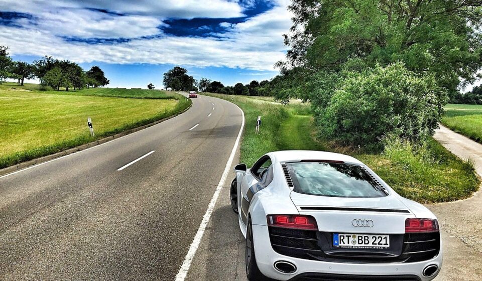 audi, car, road, street, curved road, parked car, vehicle, transportation, sports car, car wallpapers, auto, r8, automobile, automotive, car rear