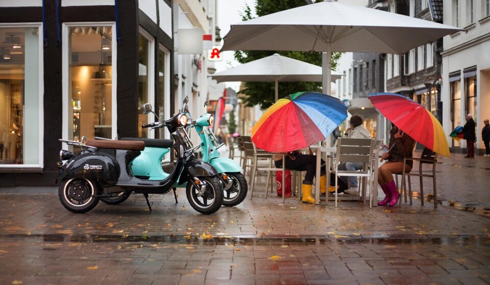 electric scooter, scooter, nature, street, rain, umbrella, woman, cafe, conversation, retro