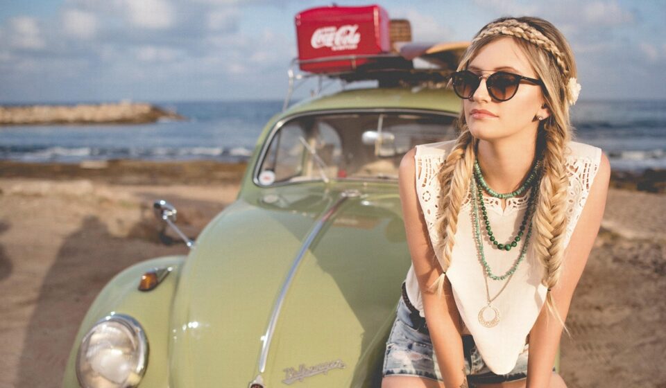 woman, fashion, model, hippie, braided hair, hairstyle, blonde, blonde woman, young woman, style, shades, sunglasses, beach, beetle, classic car, girl, ocean, outdoors, nature, person, sand, sea, seashore, summer, volkswagen