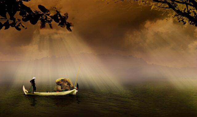 fisherman, boat, river, fishing boat, fishing, water, sunrays, sunlight, nature, gloomy, countryside, scenery
