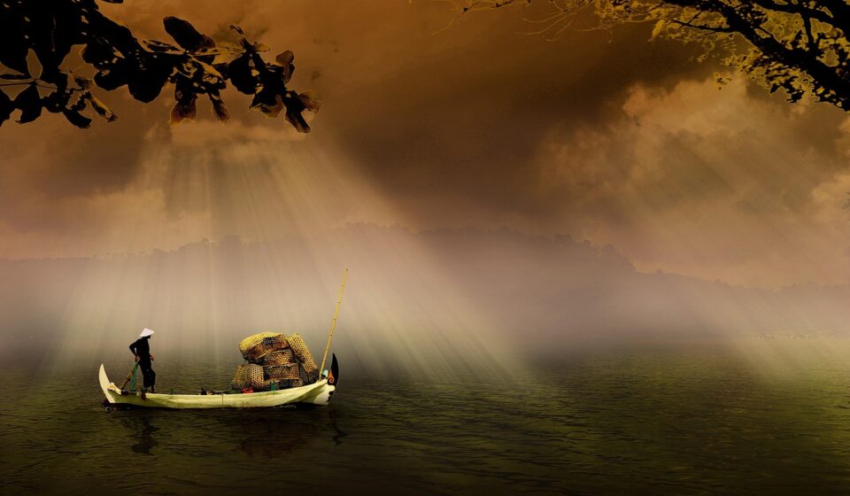 fisherman, boat, river, fishing boat, fishing, water, sunrays, sunlight, nature, gloomy, countryside, scenery