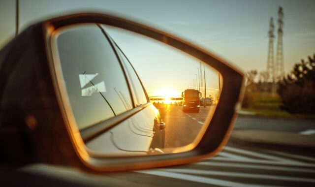 car, travel, transport, the vehicle, the sun, car wallpapers, mirror, nature, sun, sky, twilight, poland, west, route, way, the rays, auto, view, highway, tourism, expedition, horizontal, traffic, on the way, reflection