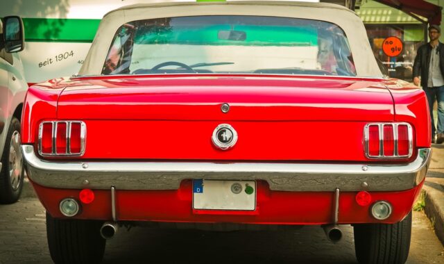 automobile, ford, antique car, vehicle, mustang, ford mustang, classic, car wallpapers, car, american, usa, retro, noble, chrome plated, rear, red, vintage, muscle car, v8