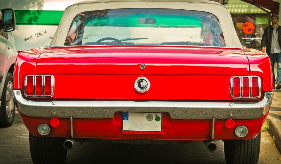 automobile, ford, antique car, vehicle, mustang, ford mustang, classic, car wallpapers, car, american, usa, retro, noble, chrome plated, rear, red, vintage, muscle car, v8
