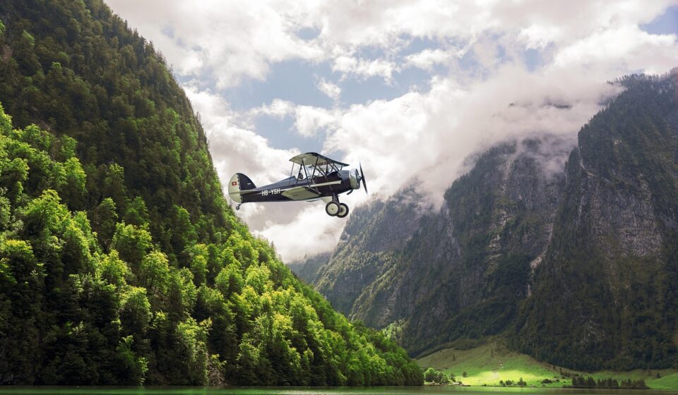 aircraft, lake, flat, flying, mountains, water, naturally, clouds, heaven, engine, nature, propeller, double decker, pilot, aviation, wings, landscape