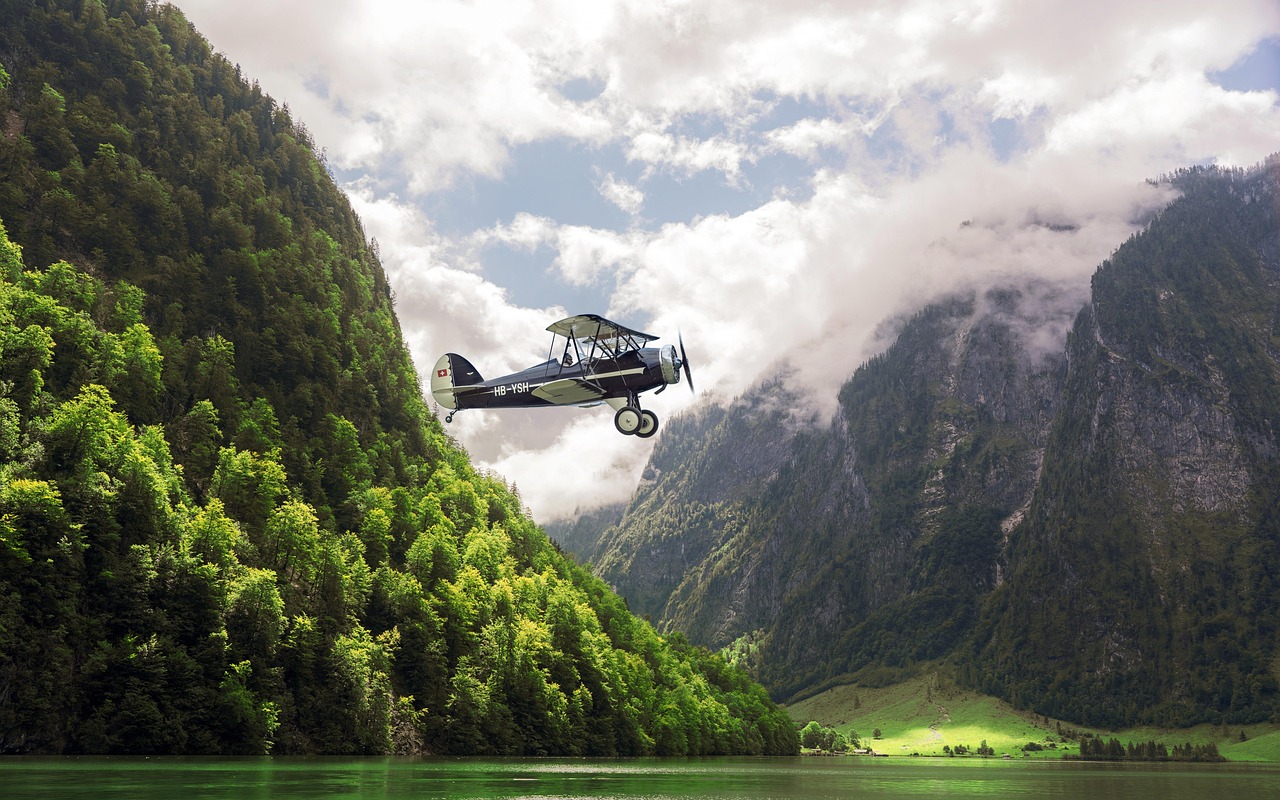aircraft, lake, flat, flying, mountains, water, naturally, clouds, heaven, engine, nature, propeller, double decker, pilot, aviation, wings, landscape