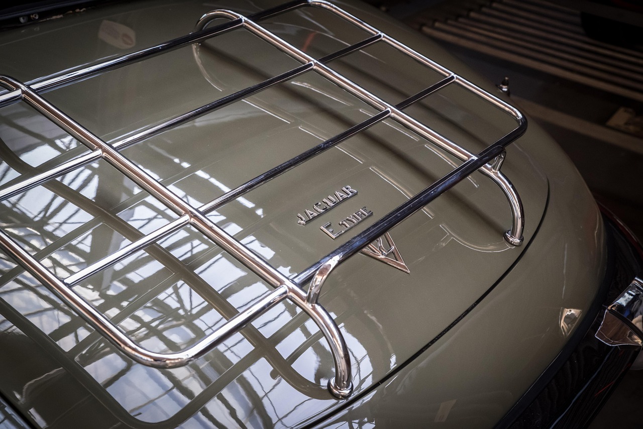 jaguar, e-type, classic, automobile, chrome, luxury, antique car, sports car, luggage rack, design, roadster, style