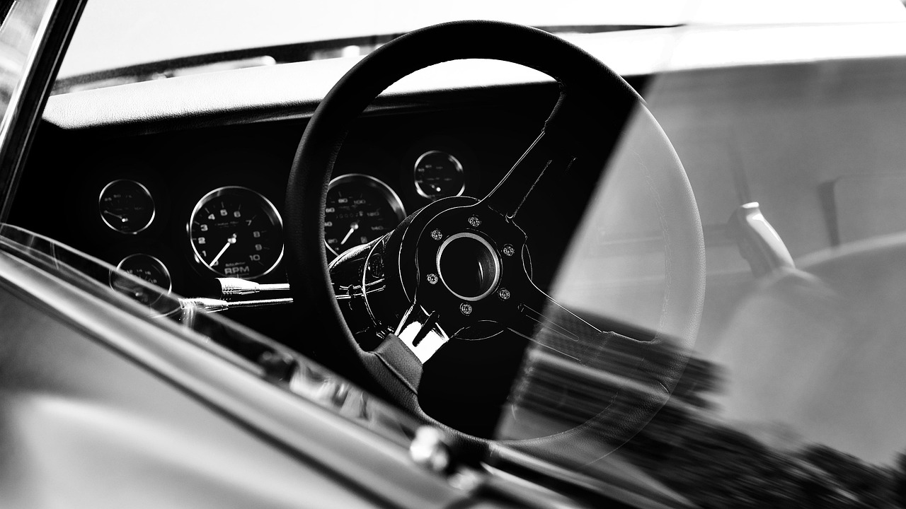 car, vehicle, steering wheel, car interior, dashboard, transportation, motor vehicle, automobile, monochrome, retro, car wallpapers, vintage car, metal, wheels, motor, luxury vehicle, sports car, black and white
