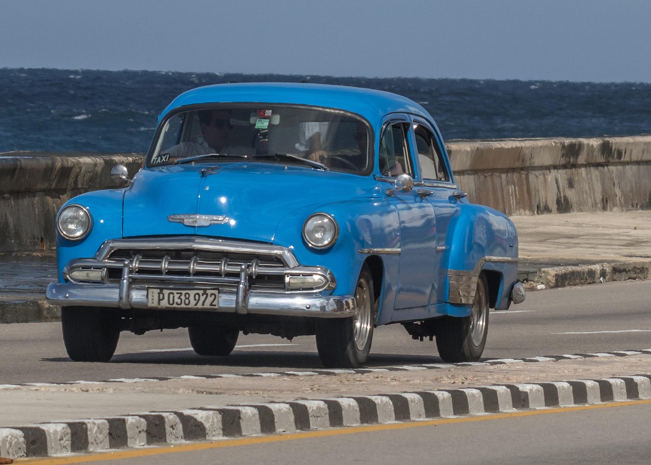 cuba, havana, almendron, malecon, classic, car, blue, chevy, taxi, car wallpapers, blue car